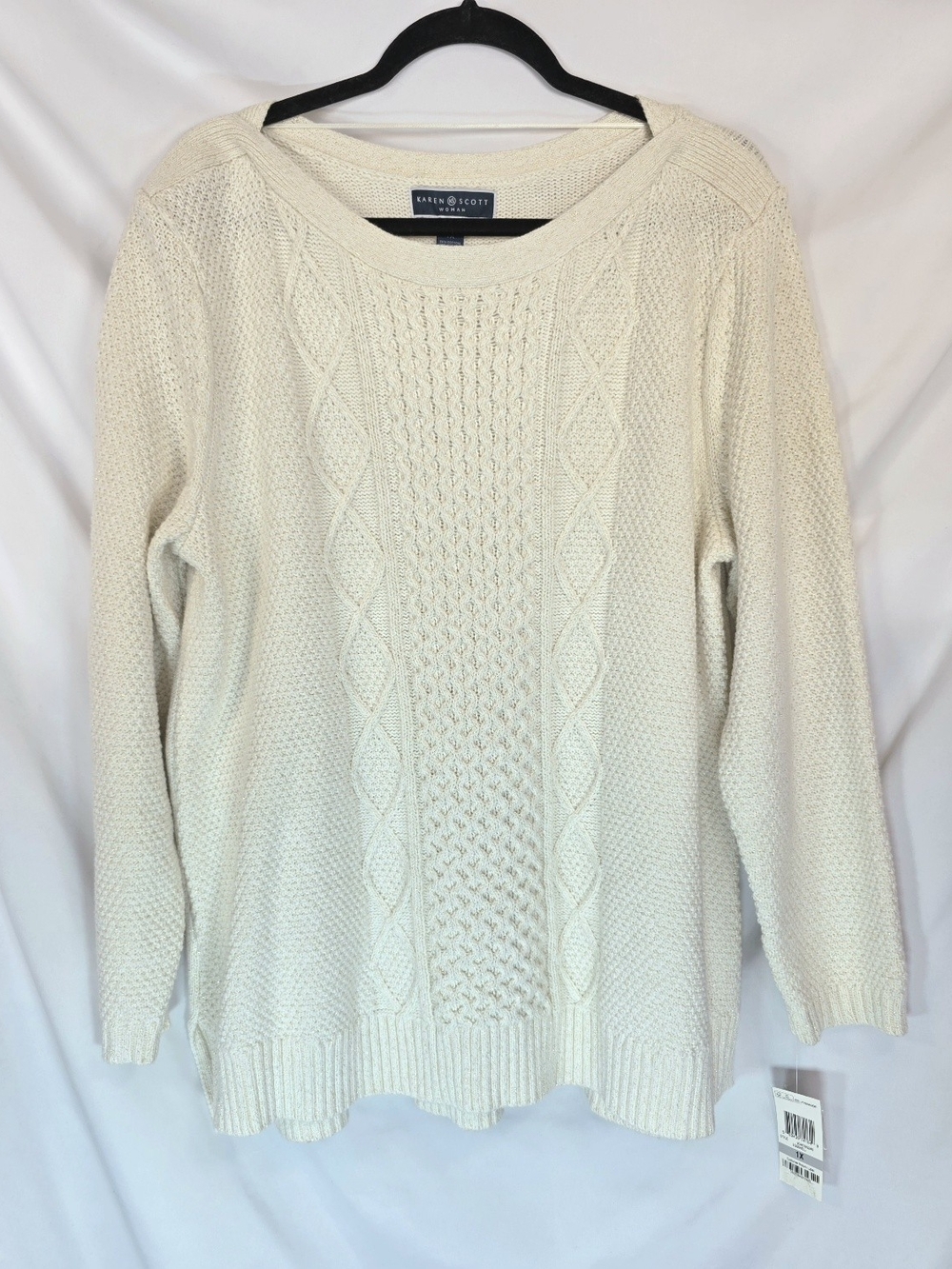 NWT Karen Scott Sweater Sz 1X Ivory Chunky Cable Knit Cottagecore Quiet Luxury